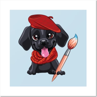 Cute Black Dog with a Red Hat Posters and Art